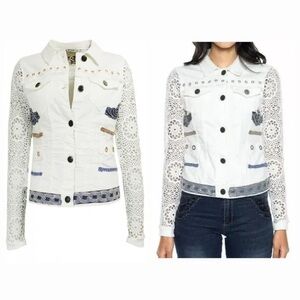 DESIGUAL Exotic Jean Denim Jacket Crochet Embroidered Boho Artsy White Sz 42 (L)